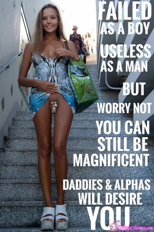 My Favorite Hypno Feminization Femboy sissy caption: FAILED AS A BOY USELESS AS A MAN BUT WORRY NOT YOU CAN STILL BE MAGNIFICENT DADDIES & ALPHAS WILL DESIRE YOU Chastity Device on Blonde Sissyboy