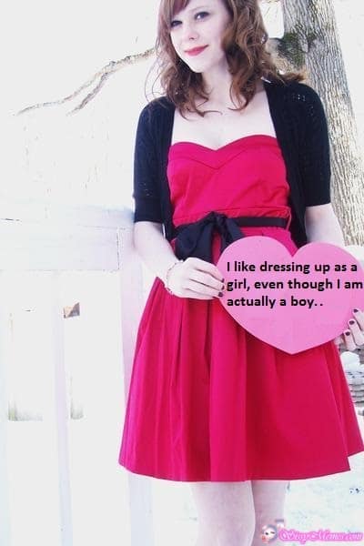 Feminization Femboy sissy caption: I like dressing up as a girl, even though I am actually a boy.. Cutie in a Pink Dress