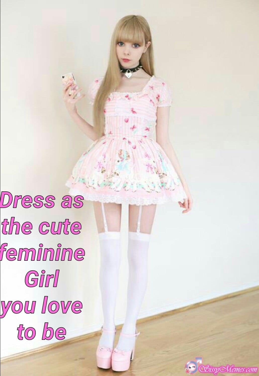 young crossdresser in pink light dress | Sissy Caption