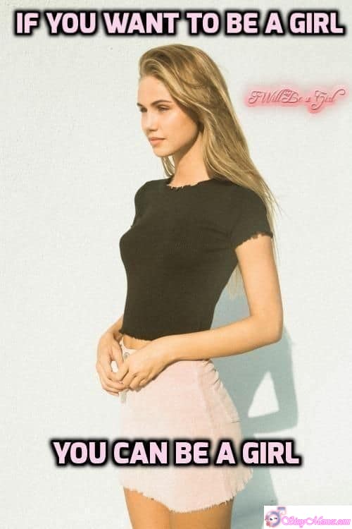 Hypno Femdom Chastity sissy caption: A motivational and playful scene featuring a blonde being told that if they want to be a girl, they can fully embrace femininity and self-expression. Blonde Encouraged: “You Can Be a Girl”