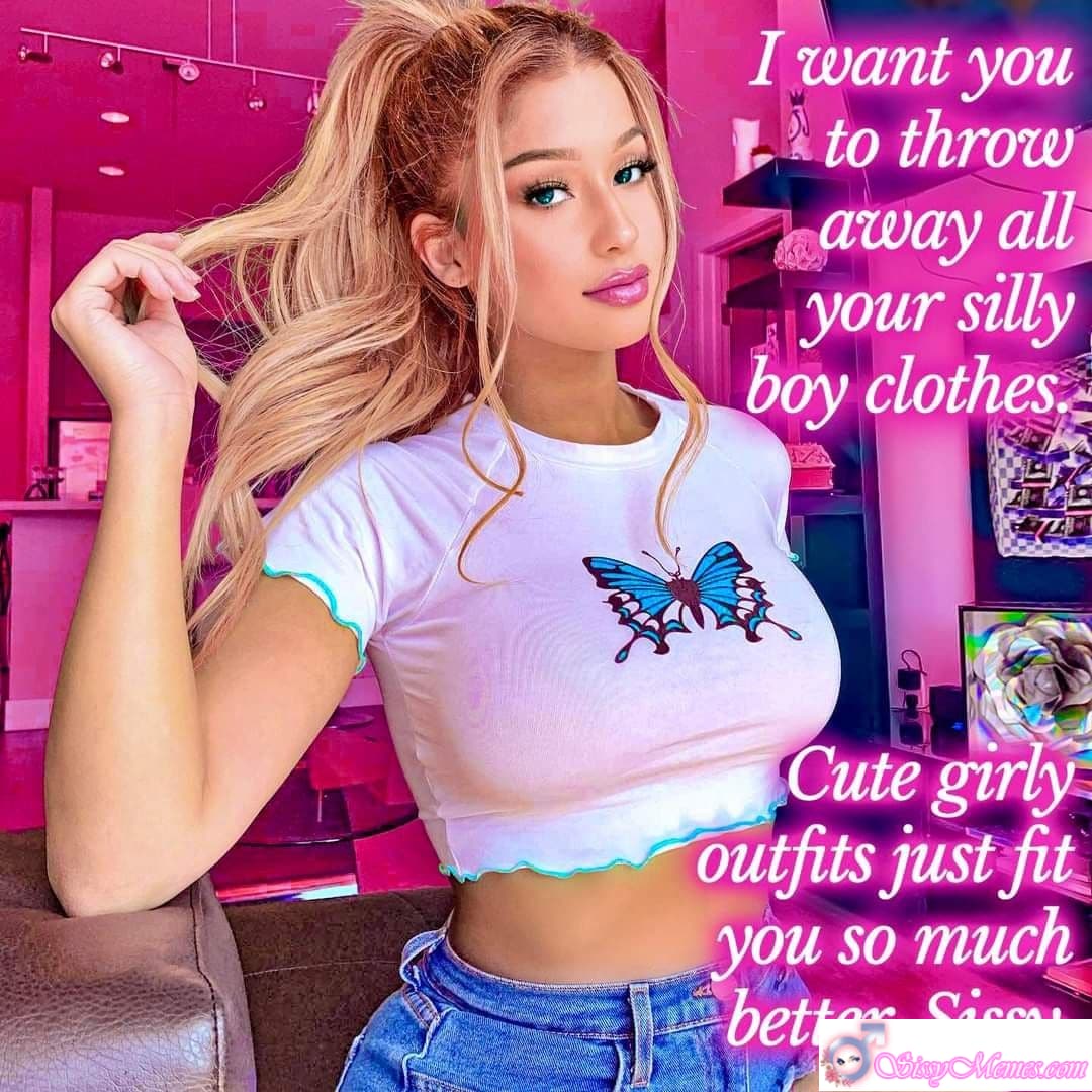 Humiliation Feminization Chastity sissy caption: A playful scene featuring a blonde sissy being told to ditch silly boy clothes in favor of cute girly outfits, highlighting fun, femininity, and self-expression. Blonde Sissy Encouraged to Wear Girly Outfits