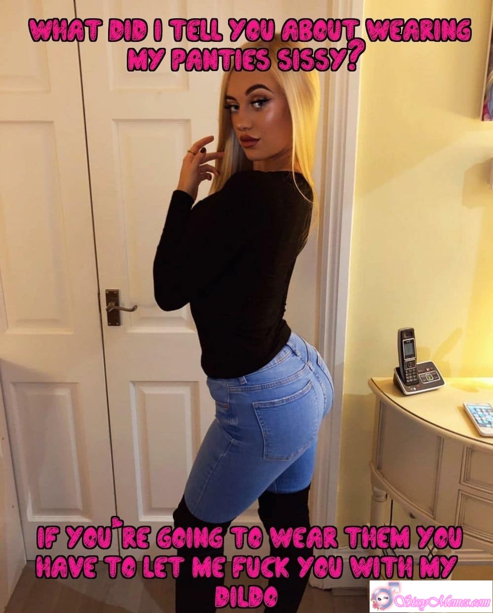 Sexy Humiliation Chastity sissy caption: A provocative scene where a blonde sissy is scolded for wearing panties, facing playful domination and erotic feminization with a dildo. Blonde Sissy Caught Wearing Panties