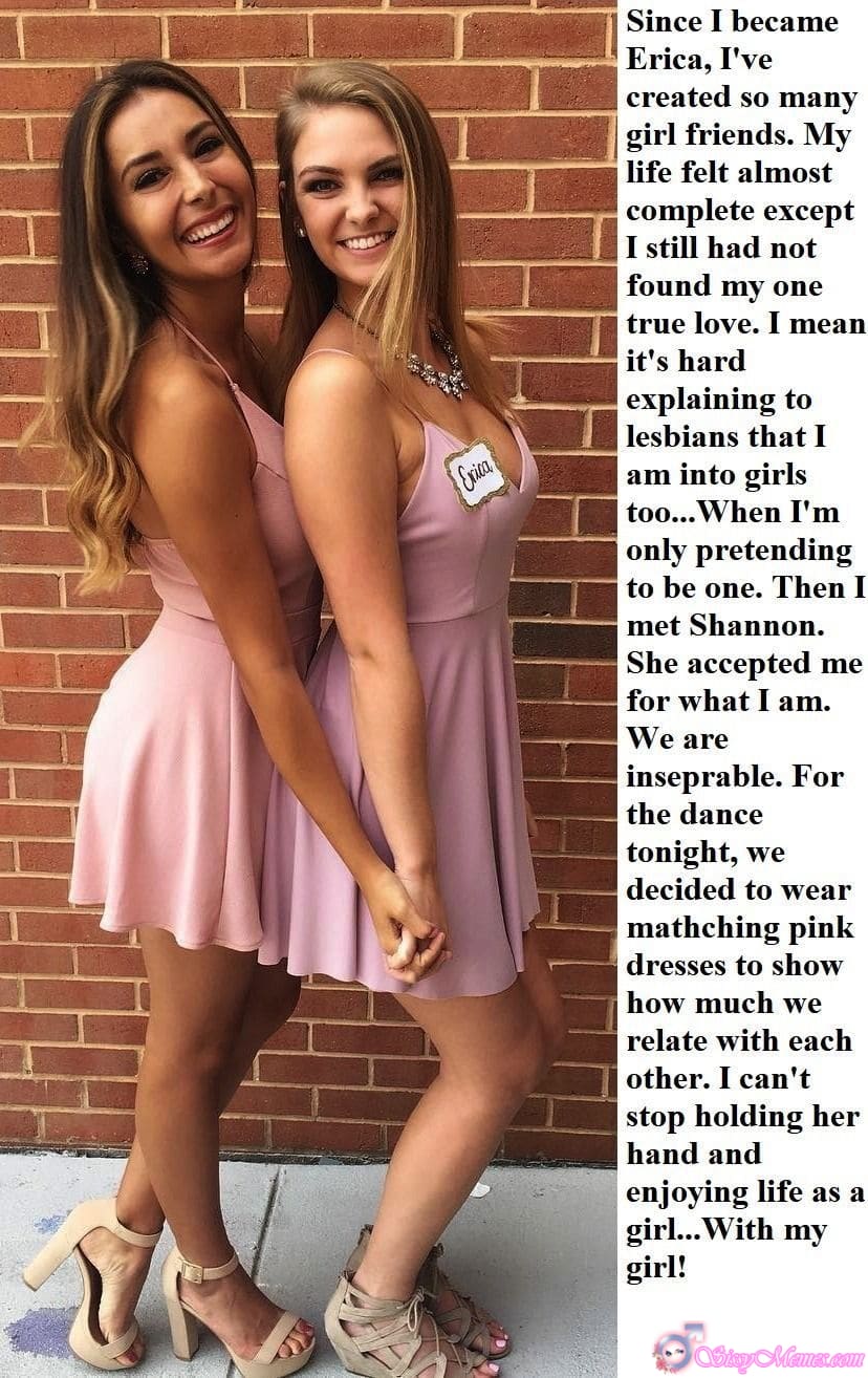 My Favorite Feminization Femboy sissy caption: Erica shares her journey of embracing femininity, making close girlfriends, and finding true love with Shannon, celebrating life, love, and self-expression in matching pink dresses. Erica Finds True Love and Friendship as a Girl
