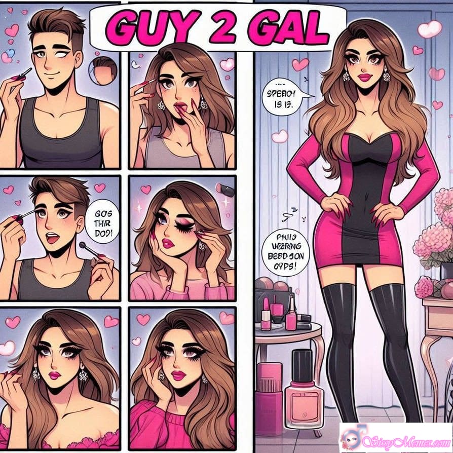 Hentai Feminization sissy caption: A vibrant hentai femboy scene showing makeup and feminization, blending cute charm with bold, expressive artistry. Hentai Femboy Transformation & Feminization Art