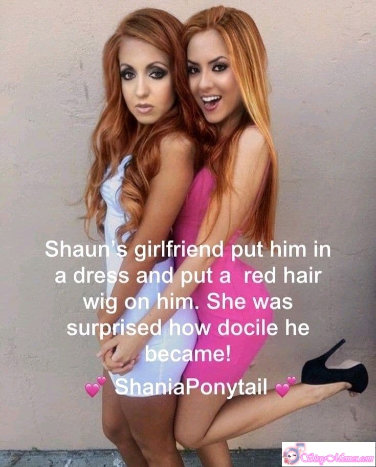Sexy My Favorite Humiliation Forced Feminization sissy caption: A fun and lighthearted moment where a girlfriend gives her partner a playful makeover with a red wig and stylish outfit, full of laughter and charm. Playful Red Wig Transformation Moment