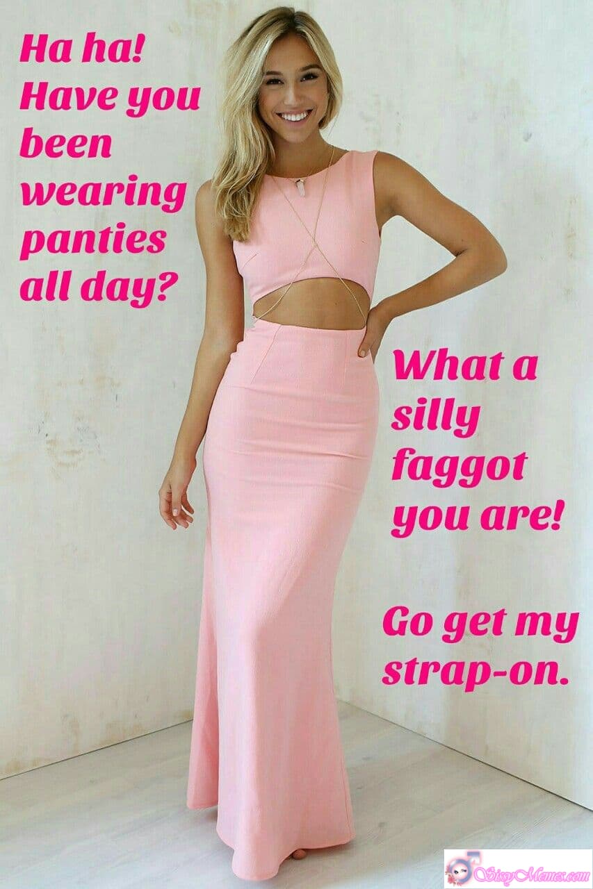 Humiliation Femdom sissy caption: Haha! The sissy spent all day in panties and is now ordered to fetch the strap-on. Playful humiliation, obedience, and teasing combine in this bold, provocative scene. Silly Sissy Sent to Fetch Strap-On