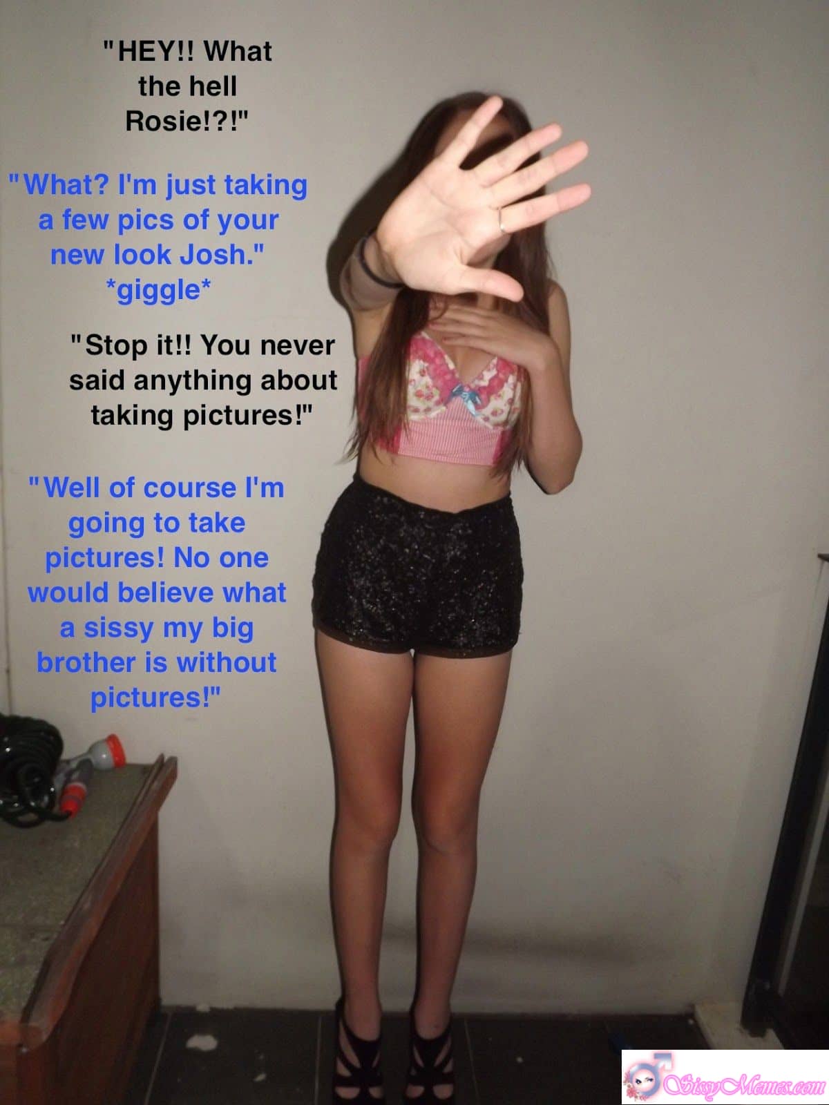 Humiliation Feminization Femboy sissy caption: Rosie snaps cheeky photos of her brother Josh looking adorably feminine, exposing his secret sissy side in a playful, unforgettable moment. Big Brother Turns Sissy – Caught in Photos