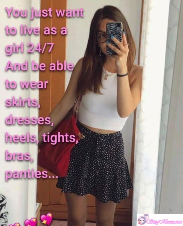Feminization Femboy sissy caption: Embrace your feminine side 24/7, enjoying skirts, dresses, heels, tights, bras, and panties. Celebrate self-expression and confidence in every outfit choice. Dream of Living Fully as a Girl