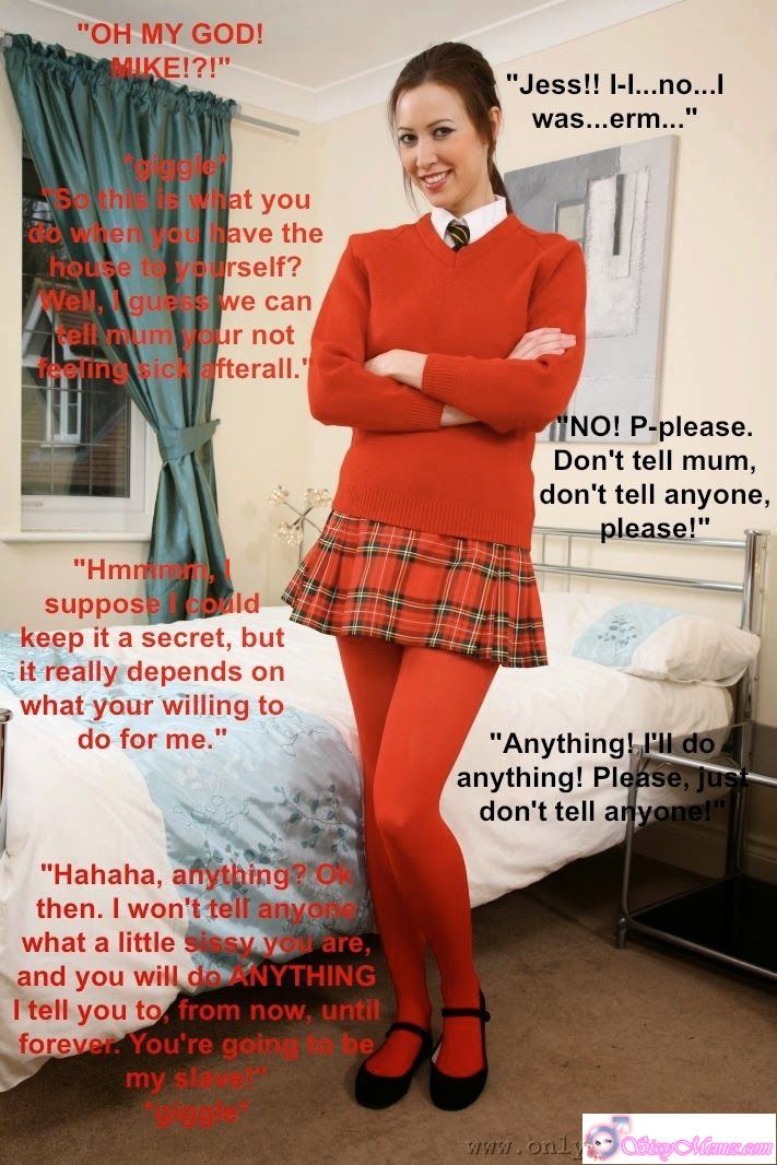 Trap Humiliation Feminization Femboy sissy caption: Jess catches Mike dressed as a sissy and mocks him playfully, threatening to tell their mum unless he obeys her every command. A teasing, humiliating, power‑play sissy moment. Jess Catches Mike Becoming a Sissy