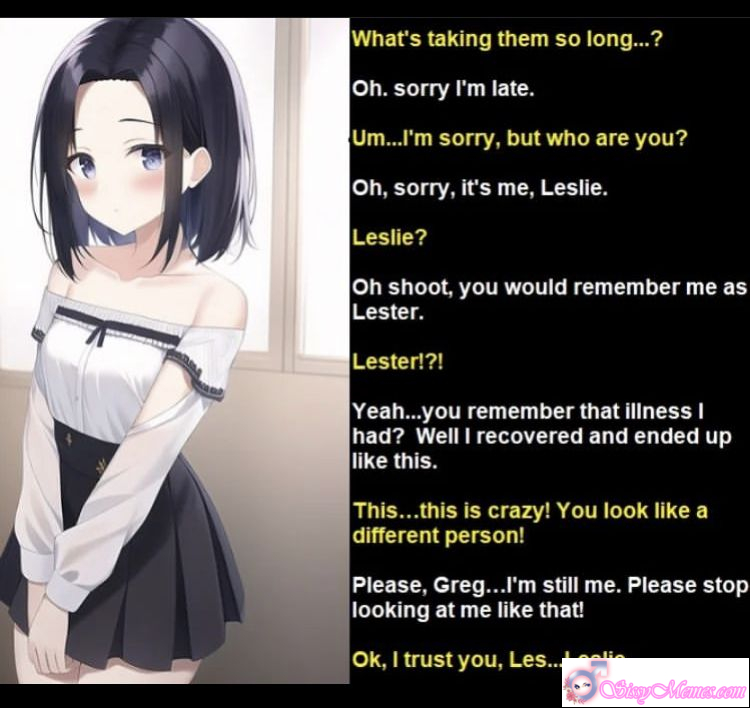 Sexy Humiliation Hentai sissy caption: A surprising reunion turns emotional when Lester arrives as Leslie, revealing a dramatic feminine transformation. Confusion shifts to trust as Greg realizes it’s still the same person inside. Leslie’s Unexpected Feminine Transformation