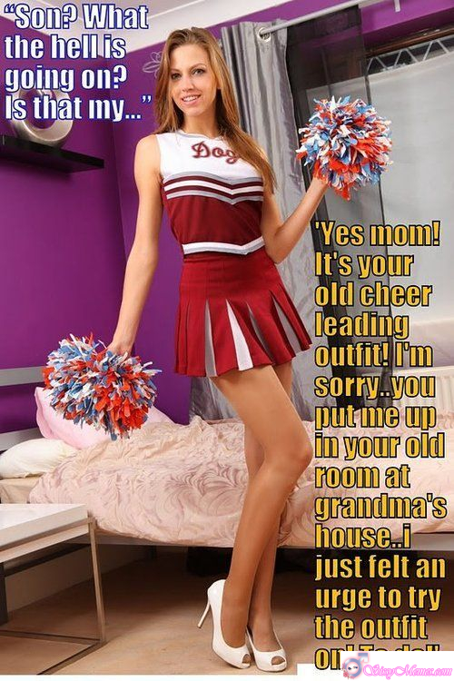 Humiliation Feminization Femboy sissy caption: Mom’s Old Cheerleading Outfit Surprise