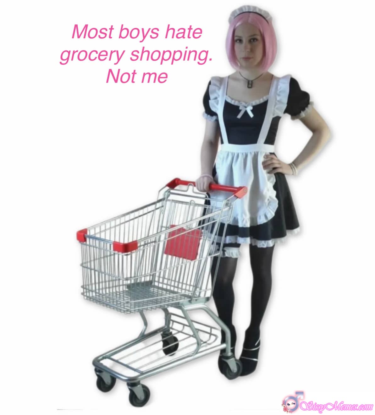 Trap Training Humiliation GIFs Forced Feminization Femdom Femboy Cuckold sissy caption: Sissy maid in maid dress pushes grocery cart, obeying master's commands. Humiliation in public, wearing platform heels and pink wig. My Humiliation: Grocery Shopping in a Maid Dress