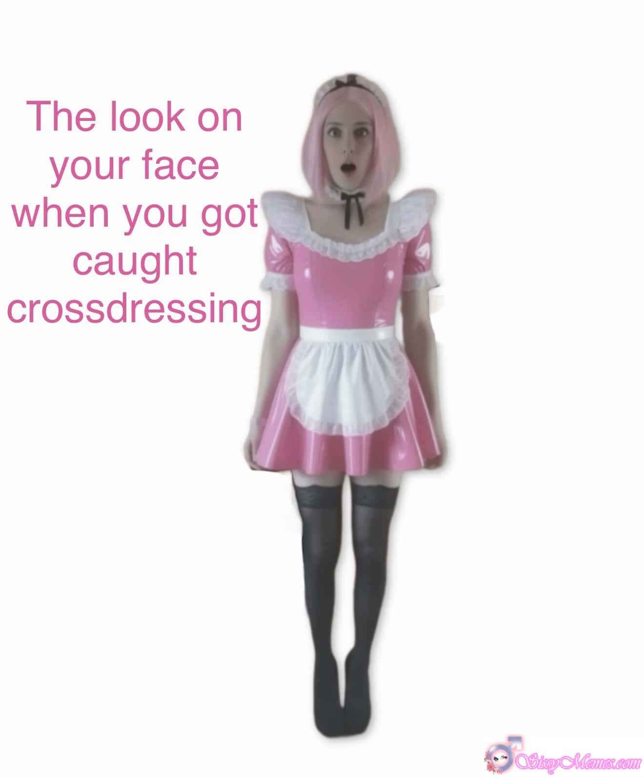 Trap Training Humiliation Forced Feminization Femdom Femboy sissy caption: Crossdresser in pink latex maid dress caught mid-humiliation, exposed in plain white setting. Shocked expression reveals vulnerability and submission. Mid-Day Maid Humiliation