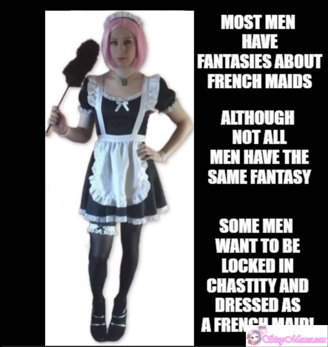 Training Humiliation GIFs Forced Feminization Femdom Femboy Cuckold sissy caption: A feminized man in a French maid outfit, locked in chastity, serves with submission. Bright pink hair and a choker highlight his role as a sissymaid. French Maid Sissy: Locked and Loaded