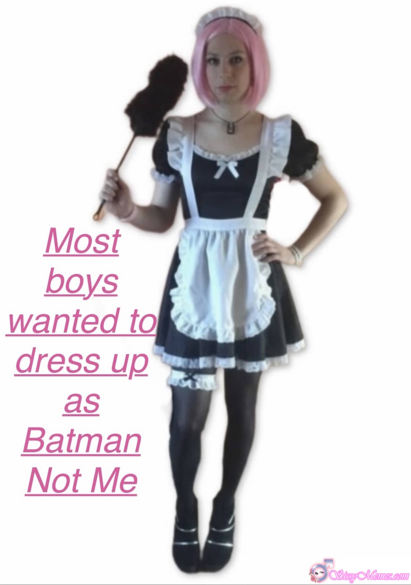 Trap Training Humiliation GIFs Forced Feminization Femdom Femboy Cuckold sissy caption: A feminized man in a maid costume stands confidently against a white background, showcasing a black mini skirt, thigh-high stockings, and platform heels. The... Maid Sissy Serves in Lace and Heels