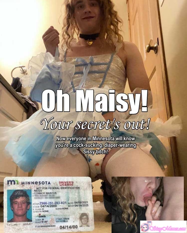 Humiliation Forced Feminization Diapers Cuckold sissy caption: Feminized man Maisy, formerly Connor, is blackmailed in Minnesota, exposed as a diaper-wearing sissy. Image shows him in a frilly dress, choker, and diaper, ... Minnesota’s Sissy Secret Exposed