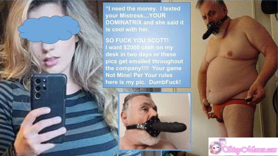 Humiliation Forced Chastity sissy caption: Sissy paypig blackmails co-worker for cash, attaching humiliating photos. Desperate for money, sissy obeys Mistress's commands, risking exposure. Blackmailed Paypig Begs for Cash