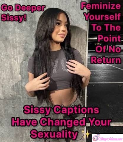 Humiliation Forced Feminization sissy caption: Feminized man poses confidently, captions reshaping his sexuality. Cropped t-shirt reveals perky tits, low-rise jeans accentuate curves. Concrete backdrop hi... Sissy Captions Transform His Sexuality