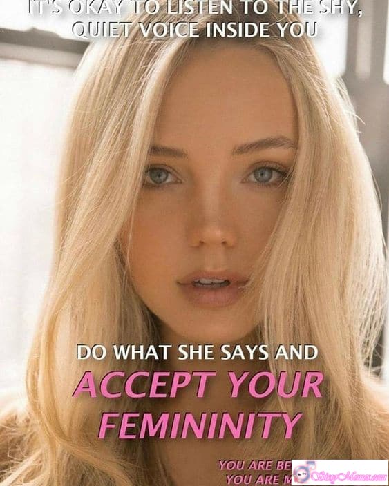 Humiliation Feminization Femboy sissy caption: A feminized man embraces his inner sissy, listening to the quiet voice urging him to accept his femininity in a intimate bedroom setting. Embracing Femininity: His Shy Voice Whispers Submission