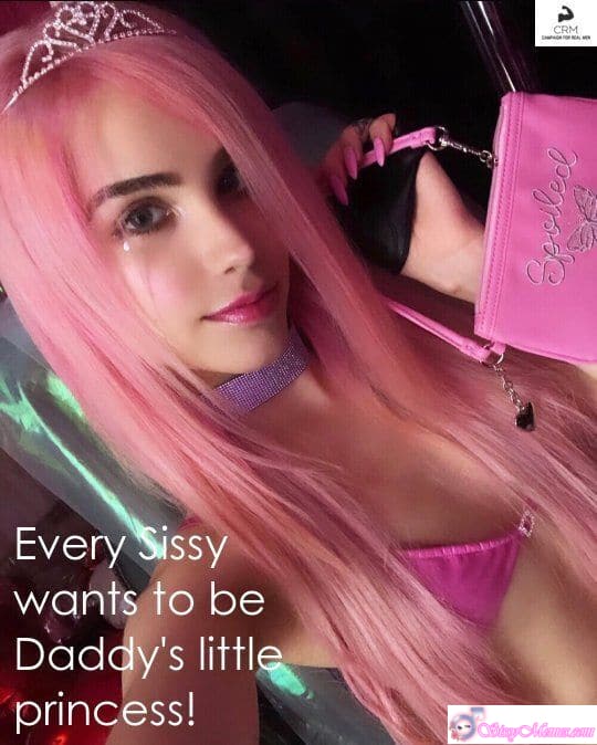 Teen Feminization Femboy sissy caption: A feminized man poses as Daddy's little princess, wearing a tiara and choker, embodying submission and desire in a dimly lit bedroom. Daddy’s Little Princess Dreams of Submission