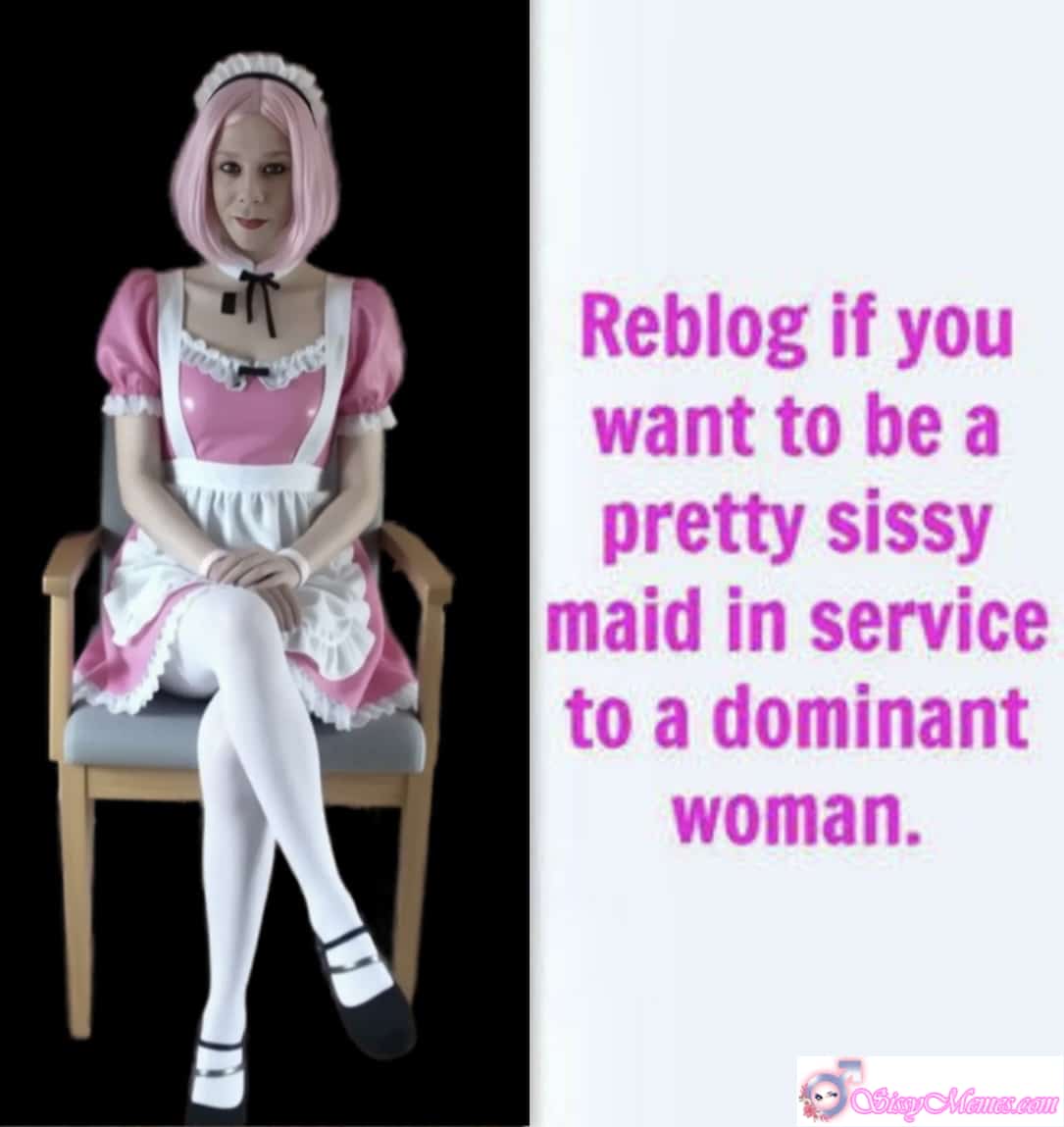 Trap Training Humiliation GIFs Forced Feminization Femdom Femboy Cuckold sissy caption: A feminized man in a sissy maid outfit awaits orders from a dominant woman, fully clothed in a pink dress and heels, with a neutral expression. Sissy Maid Serving Her Dominant Mistress