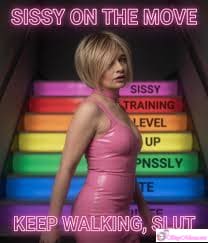 Training Feminization Femboy sissy caption: Sissy Marsha faces a humiliating challenge on neon-lit rainbow stairs, dressed in a tight pink latex halter, embodying submission and degradation. Sissy Marsha’s Humiliating Staircase Challenge