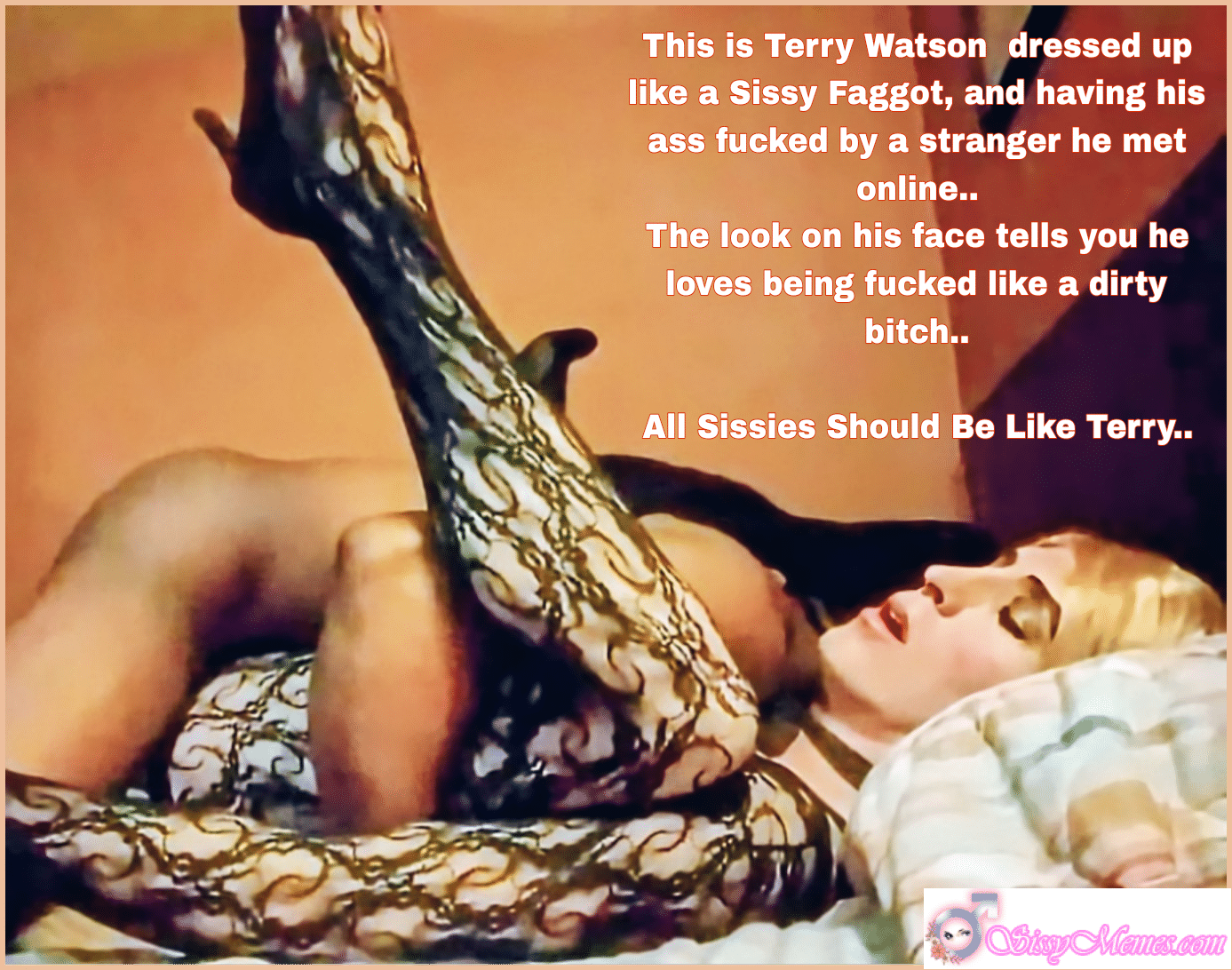 Sissygasm Porn Humiliation Feminization Femboy Breeding Black BBC Anal sissy caption: Terry Watson, a sissy, is being fucked by a stranger in a bedroom, his ass spread and his face a mask of pleasure and pain, embodying submission and desire. Sissy Terry’s Online Encounter: A Lesson in Submission