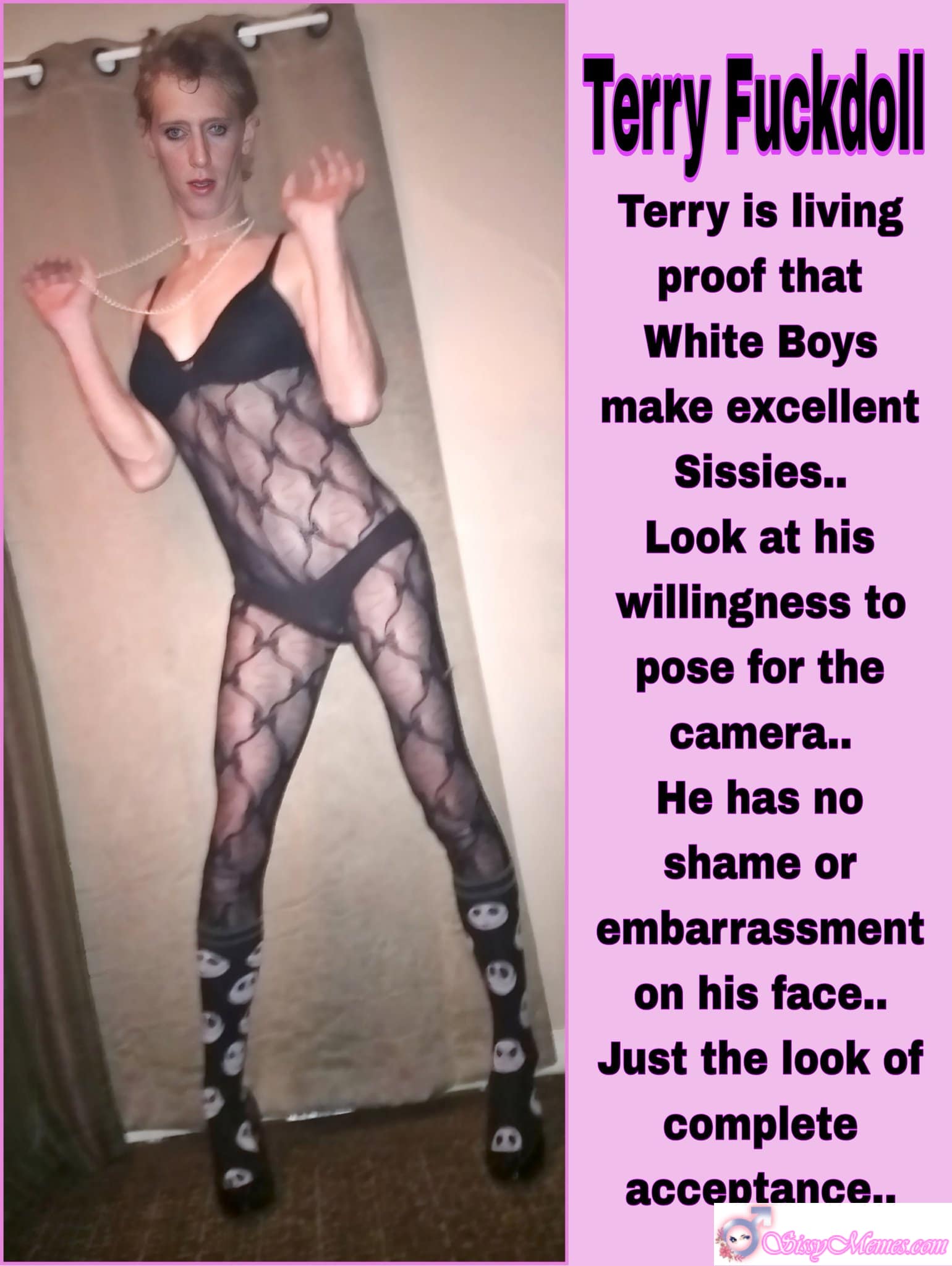 Humiliation Feminization Femboy sissy caption: Terry, a white boy, poses confidently in a sheer black bodystocking, showcasing his cock and balls, with a pearl necklace and thigh-high stockings, in a plai... Confession of a Willing Sissy