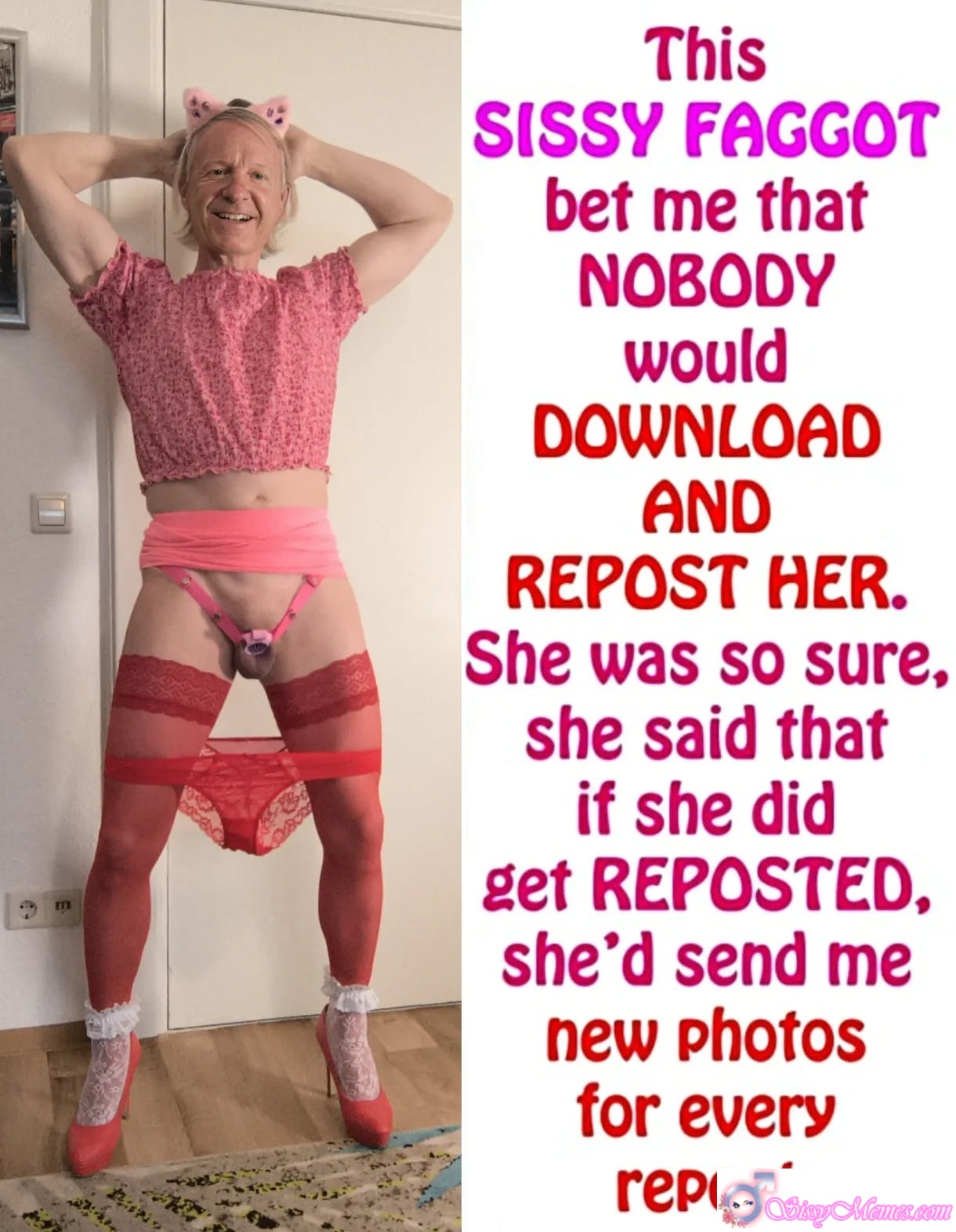 Trap Training Sissygasm Porn Pegging Humiliation Forced Feminization Femdom Femboy Daddy Cuckold Chastity Breeding Blowjob BBC Anal sissy caption: Sissy Slut Steve's challenge: repost his photo for new ones. Confident, playful, and unashamed, he poses in pink and red lingerie, hands behind his head, coc... Bedroom: Sissy Slut Steve’s Humiliation Challenge