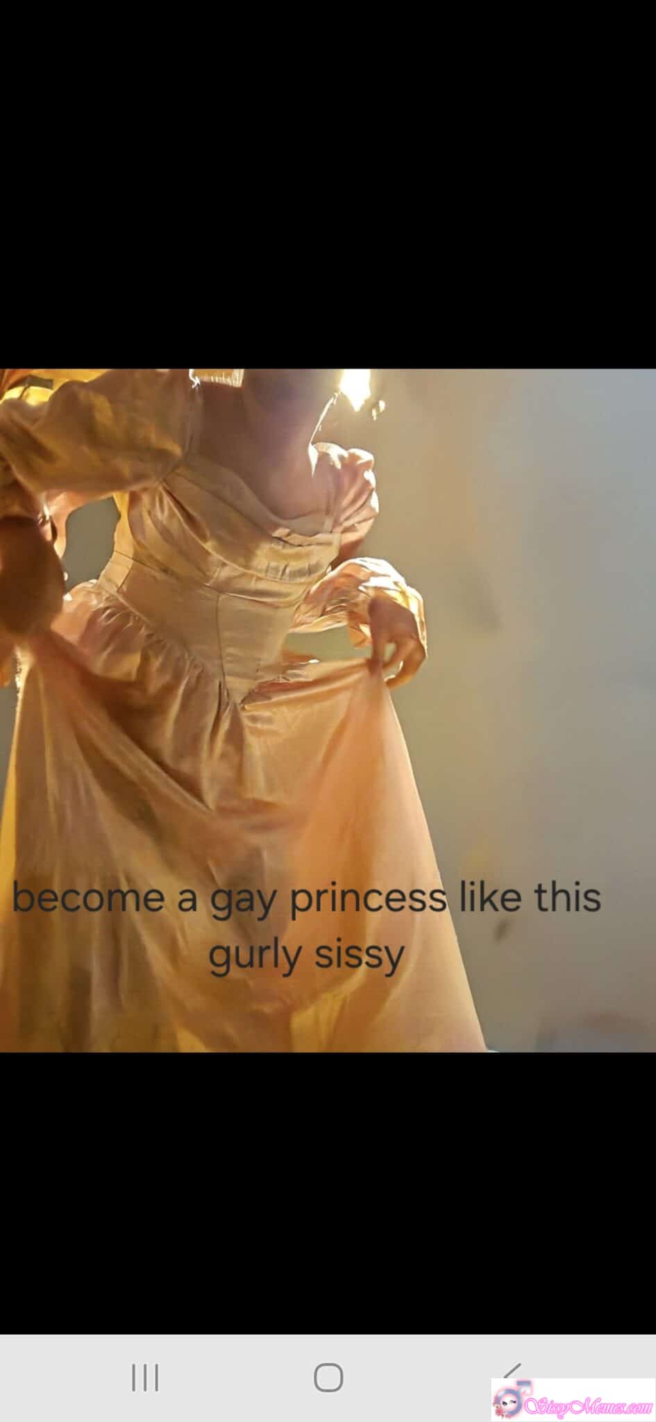 Hypno Humiliation Femboy sissy caption: Sissy in peach princess gown teases with lifted skirt, hinting at anticipation and control in a seductive pose. Sissy in Peach Princess Gown Teases With Lifted Skirt
