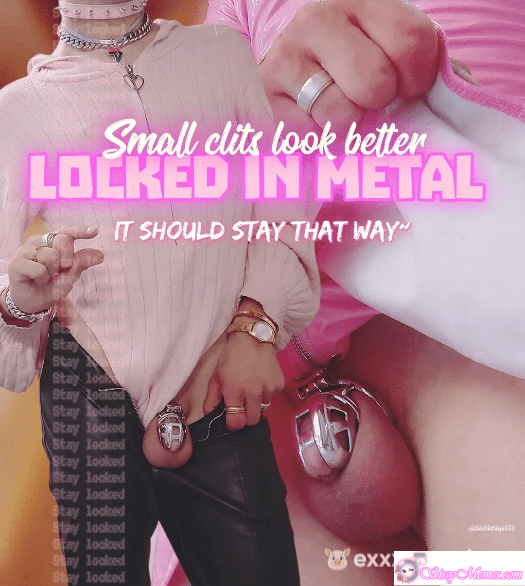 Humiliation Feminization Femboy Chastity sissy caption: A feminized man in a chrome chastity cage, exposed and humiliated, with text overlay and watermarks emphasizing his eternal confinement. Chastity Cage Humiliation: A Sissy’s Metal Prison